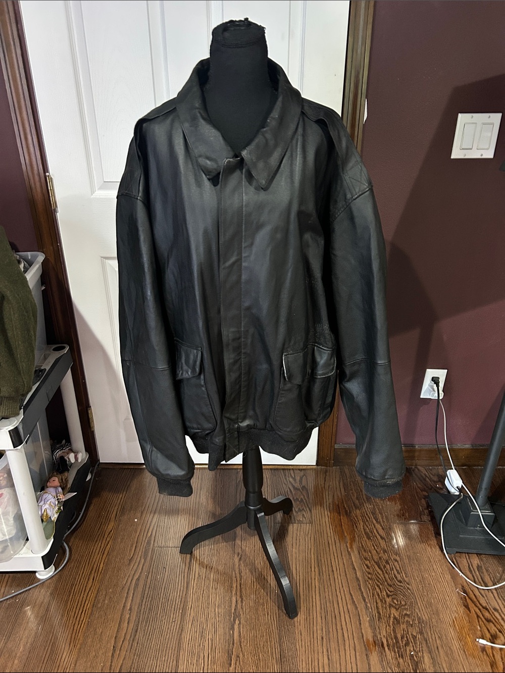 Vtg Airborne black bomber aviation leather jacket flag sz 3XL